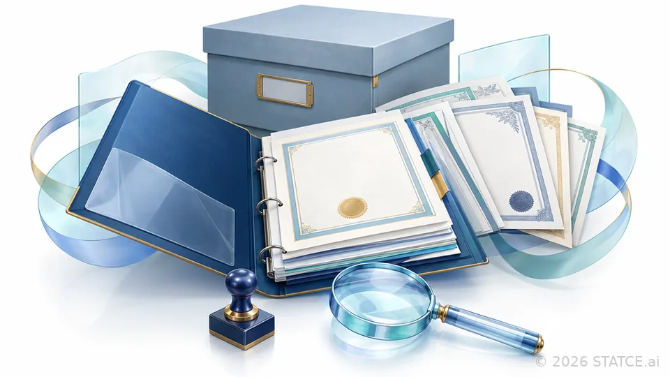 An audit folder open on a desk with certificates fanned out, an archive box, a magnifying lens and a stamp.