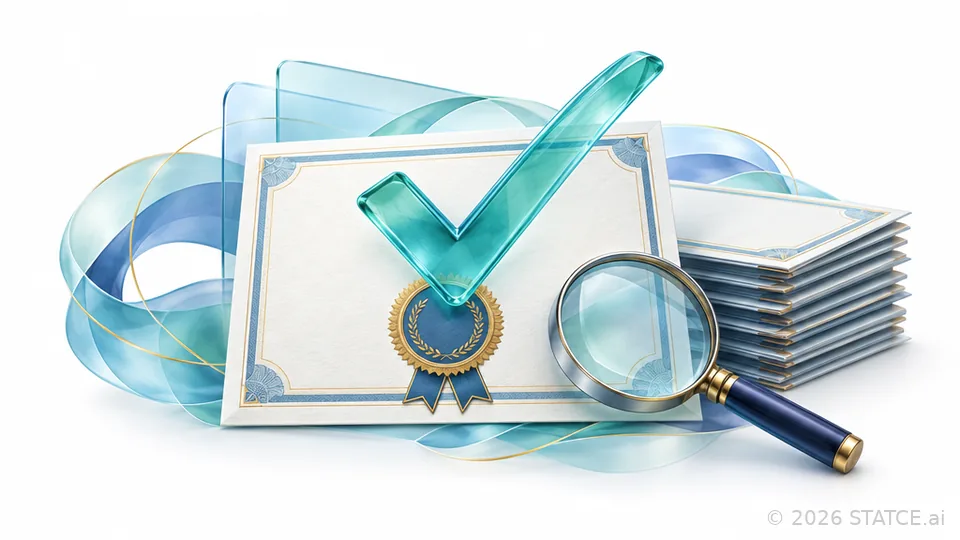 A completion certificate with an embossed seal and a large check mark, a magnifying glass beside it.