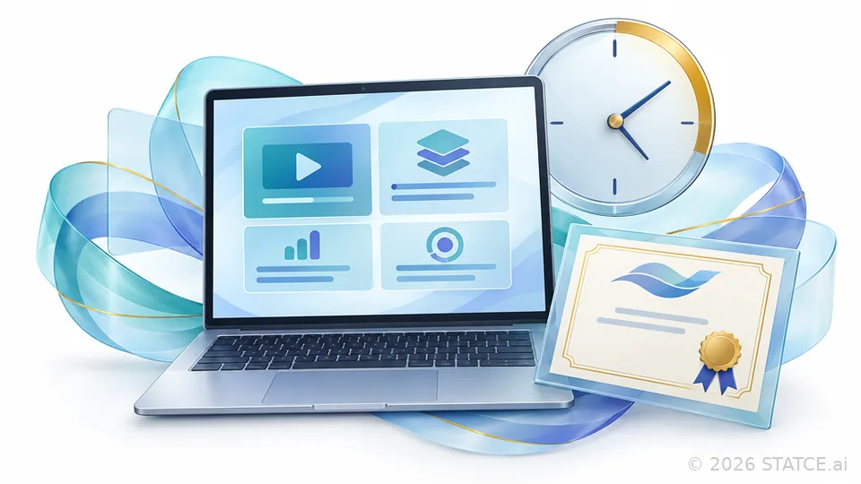 An open laptop showing a training module, a clock with a highlighted arc, and a certificate.