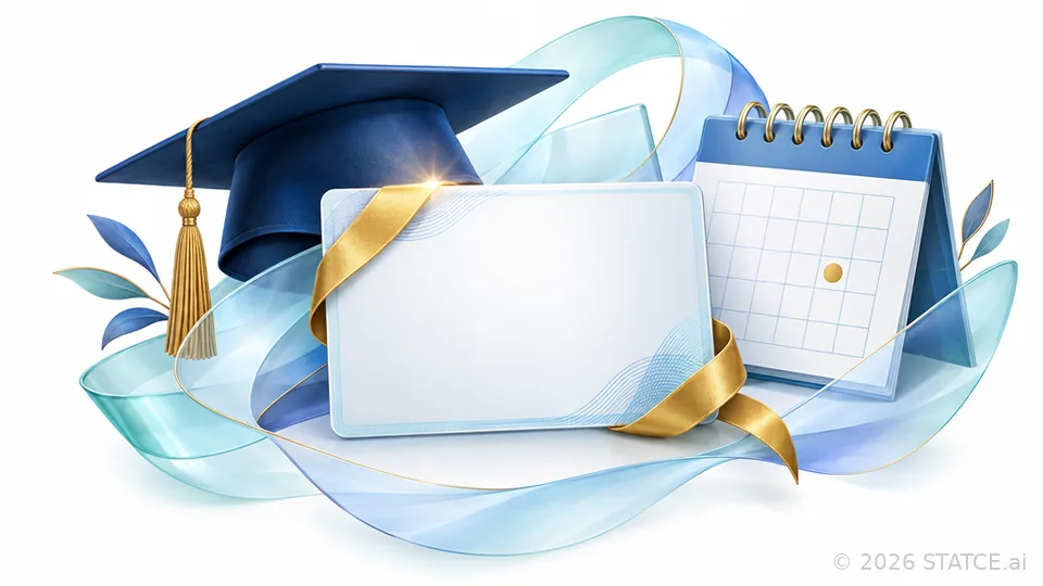 A new licence card with a gold ribbon, a graduation cap and a calendar page with one day marked.