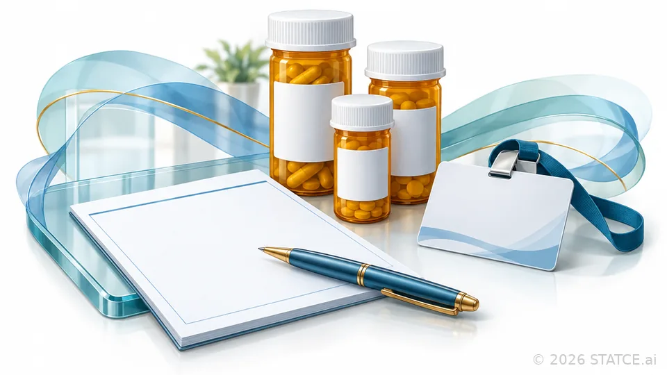 A prescription pad and pen, three medication bottles and a blank credential card on a desk.