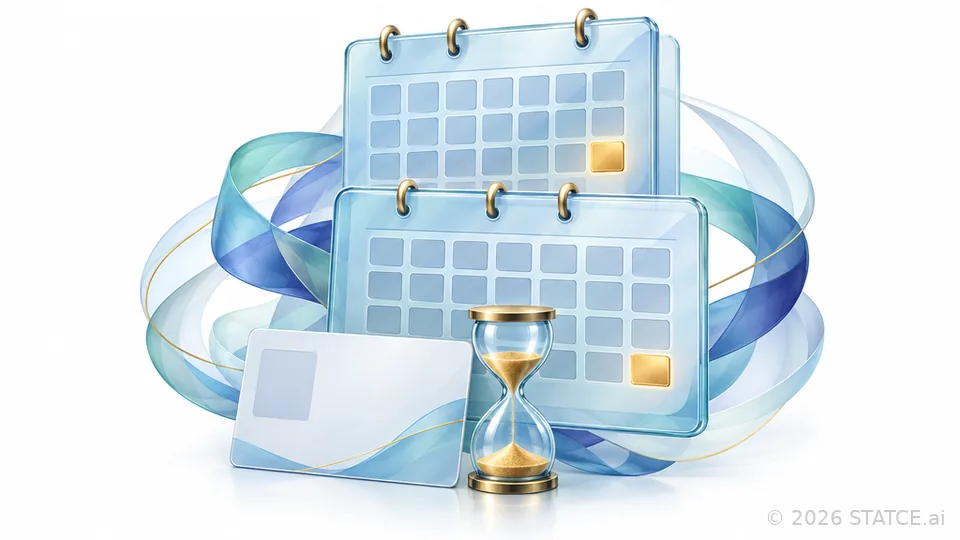 Two stacked calendar panels for a two-year cycle, a licence card and an hourglass.